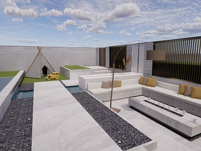 Modern Patio Garden Outdoor Seating Area With White Sofa Fire Pit And Stone Floor 3d model
