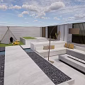 Modern Patio Garden Outdoor Seating Area With White Sofa Fire Pit And Stone Floor