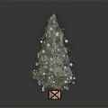 Decorated Christmas Tree with Small Ornaments White Blue Balls on Wooden Crate Base Dark Background