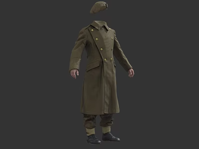Military Green Long Coat With Double Breasted Buttons Matching Cap And Leather Boots 3d model