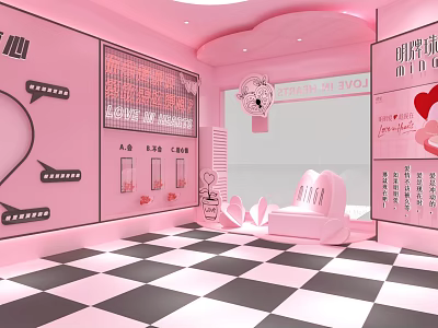 Cute Fashionable Mall Counter with Pink Walls Heart Decorations and Black White Checkered Floor 3d model