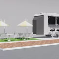Outdoor Food Trucks With Tables Chairs And Umbrellas For Delicious Street Food