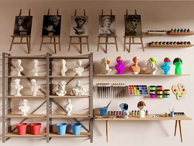 Art Studio With Easels Portrait Paintings Plaster Statues Paints Brushes Palettes And Shelves 3d model