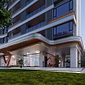 Modern High Rise Building Entrance With Red V Shape Accent Green Plants And Stone Pathway