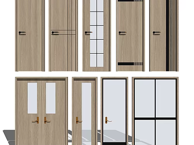 Wooden Hinged Doors With Glass Panels And Various Interior Design Styles 3d model