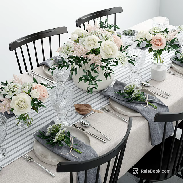 Elegant Tableware Set With White Pink Floral Arrangements Gray Napkins And Clear Glassware 3d model 