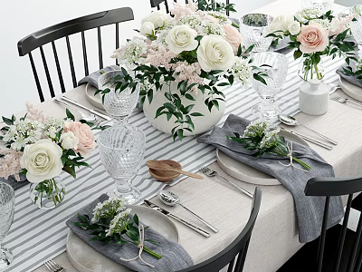 Elegant Tableware Set With White Pink Floral Arrangements Gray Napkins And Clear Glassware 3d model