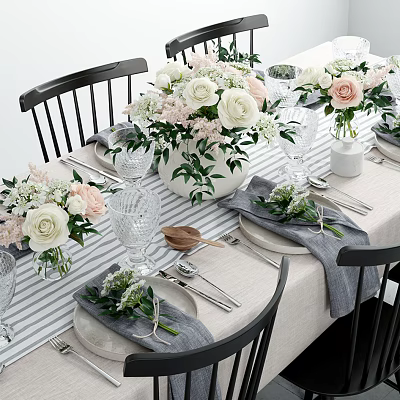 Elegant Tableware Set With White Pink Floral Arrangements Gray Napkins And Clear Glassware 3d model