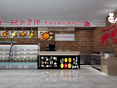 Spicy Hot Pot Restaurant with Brick Wall Decor World Map and Food Display Counter 3d model