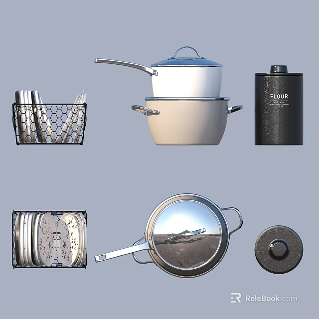 Complete Cookware and Dinnerware Set With Pots Frying Pan Plates Lid and Utensil Holder 3d model 