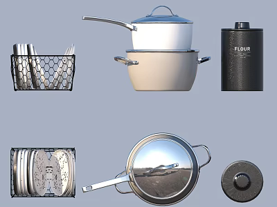 Complete Cookware and Dinnerware Set With Pots Frying Pan Plates Lid and Utensil Holder 3d model