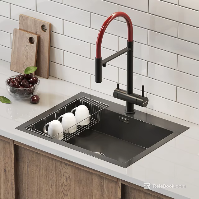 Modern Kitchen Black Sink With Red Faucet Drying Rack White Mugs And Wooden Cutting Board 3d model 