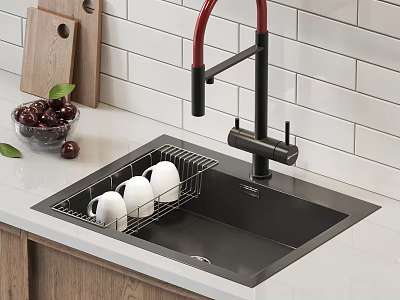 Modern Kitchen Black Sink With Red Faucet Drying Rack White Mugs And Wooden Cutting Board 3d model