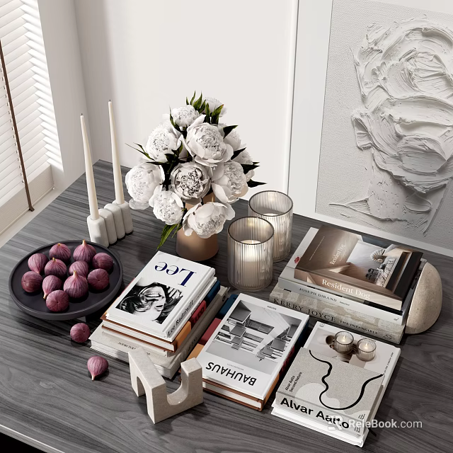 Modern Minimalist Decorative Ornament Set With White Flower Bouquet Candles Books And Purple Spheres 3d model 
