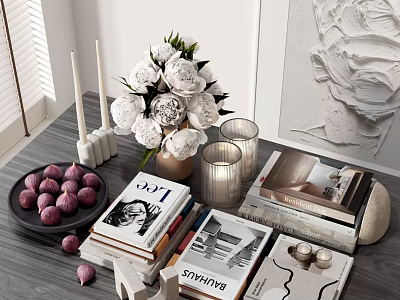 Modern Minimalist Decorative Ornament Set With White Flower Bouquet Candles Books And Purple Spheres 3d model