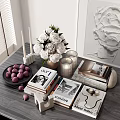 Modern Minimalist Decorative Ornament Set With White Flower Bouquet Candles Books And Purple Spheres