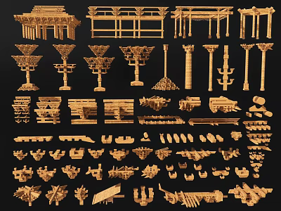 Ancient Architecture Wooden Structural Components Including Roof Brackets Columns Beams and Decorative Parts 3d model