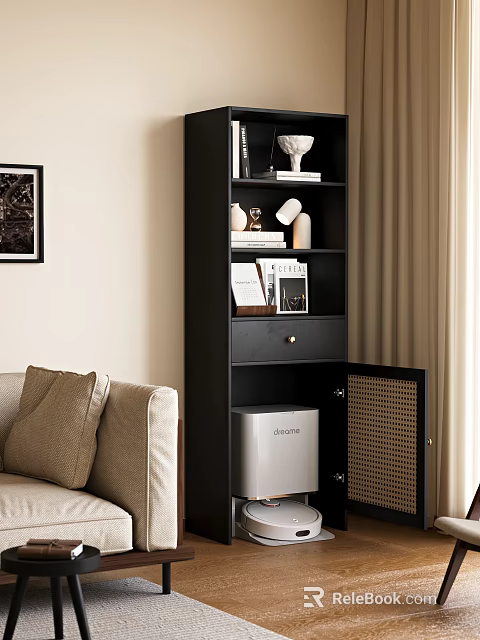 Black Wooden Bookcase with Books Decorative Items and Hidden Storage Cabinet in Modern Living Room 3d model 