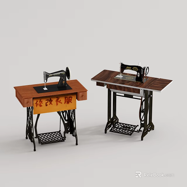 Vintage Sewing Machine Decorative Ornament Set With Wooden Table And Sign 3d model 