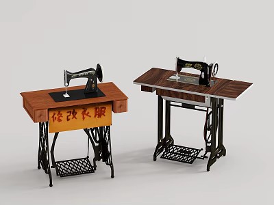 Vintage Sewing Machine Decorative Ornament Set With Wooden Table And Sign 3d model