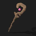 Enchanted Wooden Staff With Curved Design And Pink Gemstone Rustic Texture