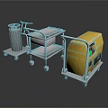 Industrial Equipment Set Featuring Metal Carts Storage Tank And Yellow Generator