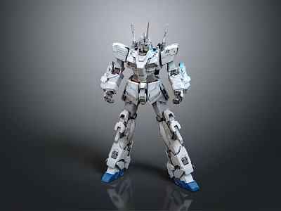Detailed White Robot Character with Blue Feet and Complex Mechanical Structure on Gray Background 3d model