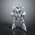 Detailed White Robot Character with Blue Feet and Complex Mechanical Structure on Gray Background