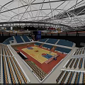 Modern Basketball Arena Interior Design Featuring Blue Seats Basketball Court And Scoreboard