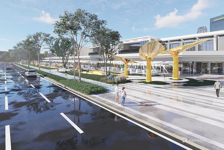 Modern Commercial Landscape With Pedestrian Plaza Trees Yellow Columns And Roadside Greenery 3d model 