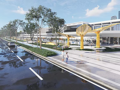 Modern Commercial Landscape With Pedestrian Plaza Trees Yellow Columns And Roadside Greenery 3d model
