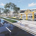 Modern Commercial Landscape With Pedestrian Plaza Trees Yellow Columns And Roadside Greenery
