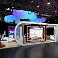 Modern Exhibition Booth With Blue Curved Overhead Large Screen Display Furniture And Product Models