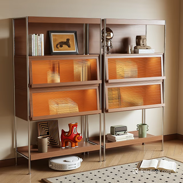 Wooden Storage Shelf Featuring Orange Mesh Drawers Books Photo Frame Sculpture And Radio 3d model 