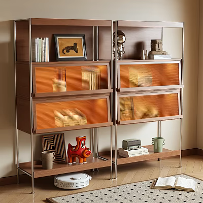 Wooden Storage Shelf Featuring Orange Mesh Drawers Books Photo Frame Sculpture And Radio 3d model