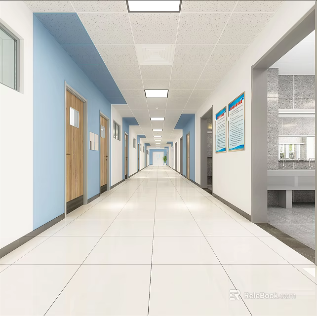 Elevator Hallway with Blue and White Walls Side Doors White Tiled Floor and Ceiling Lights 3d model 