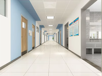 Elevator Hallway with Blue and White Walls Side Doors White Tiled Floor and Ceiling Lights 3d model