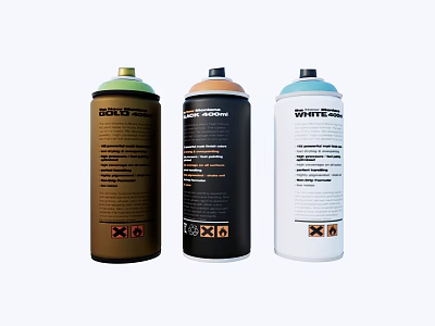 Three Spray Cans With Colored Lids And Detailed Label Designs On White Background 3d model
