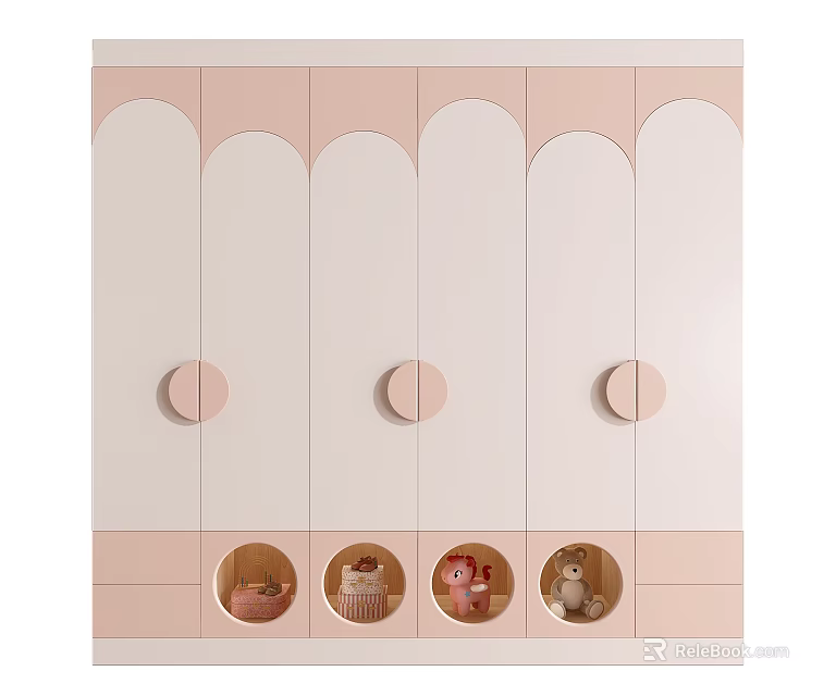 Pink and White Wardrobe Featuring Curved Doors Round Knobs and Decorative Round Windows 3d model 