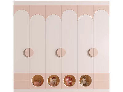 Pink and White Wardrobe Featuring Curved Doors Round Knobs and Decorative Round Windows 3d model