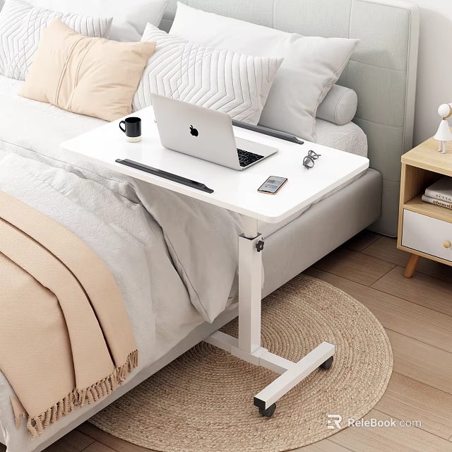 White Mobile Side Table With Laptop Coffee Mug And Phone For Bedside Use 3d model 