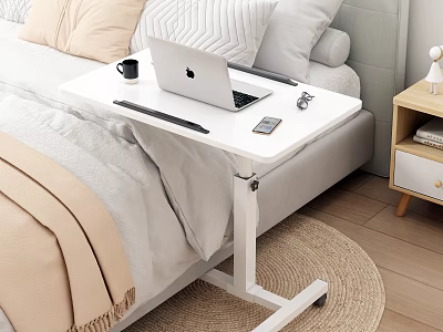 White Mobile Side Table With Laptop Coffee Mug And Phone For Bedside Use 3d model