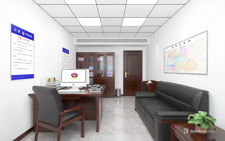 Modern Office Interior With Wooden Desk Computer Black Leather Sofa And World Map 3d model