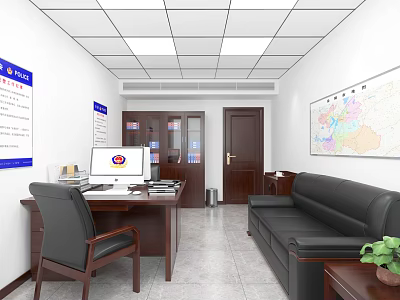 Modern Office Interior With Wooden Desk Computer Black Leather Sofa And World Map 3d model