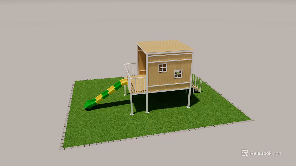 Outdoor Wooden House With Green And Yellow Slide Balcony And Stairs On Grass 3d model 