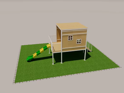 Outdoor Wooden House With Green And Yellow Slide Balcony And Stairs On Grass 3d model