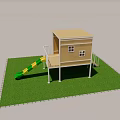 Outdoor Wooden House With Green And Yellow Slide Balcony And Stairs On Grass
