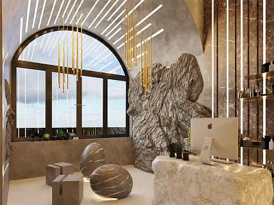 SPA Sauna Interior Design With Arched Windows Hanging Chandeliers Stone Decor And Marble Elements 3d model