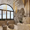 SPA Sauna Interior Design With Arched Windows Hanging Chandeliers Stone Decor And Marble Elements