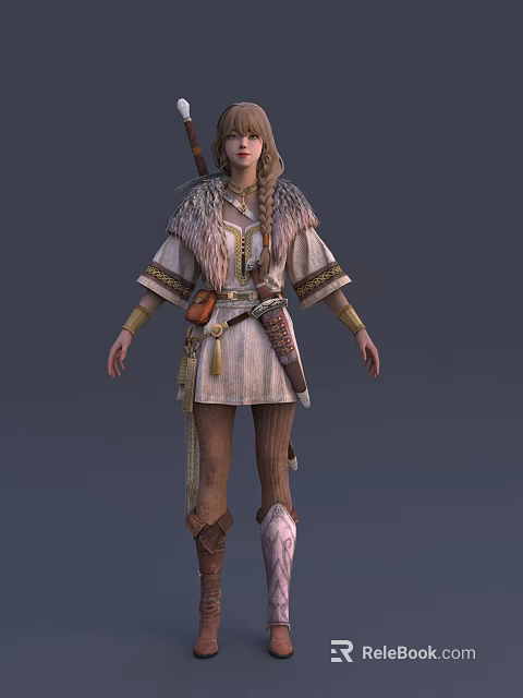 Adventure Fantasy Tribal Character In Animal Fur Trimmed Outfit With Braided Hair And Weapon 3d model 